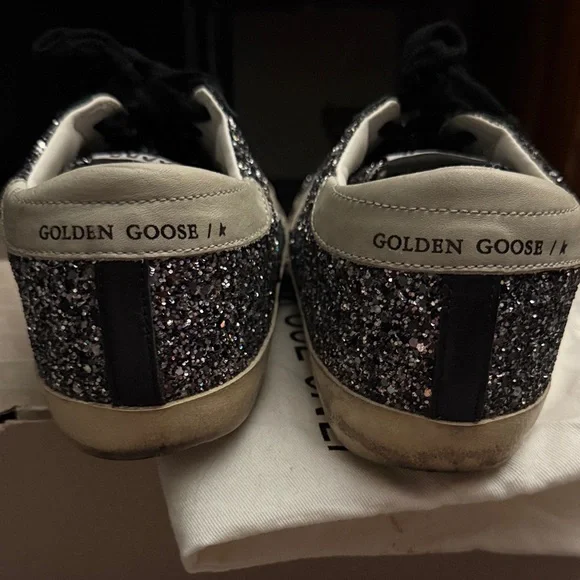 Golden Goose Deluxe Brand Super-Star Sneakers Black Silver Glitter Size 10 - Picture 6 of 12